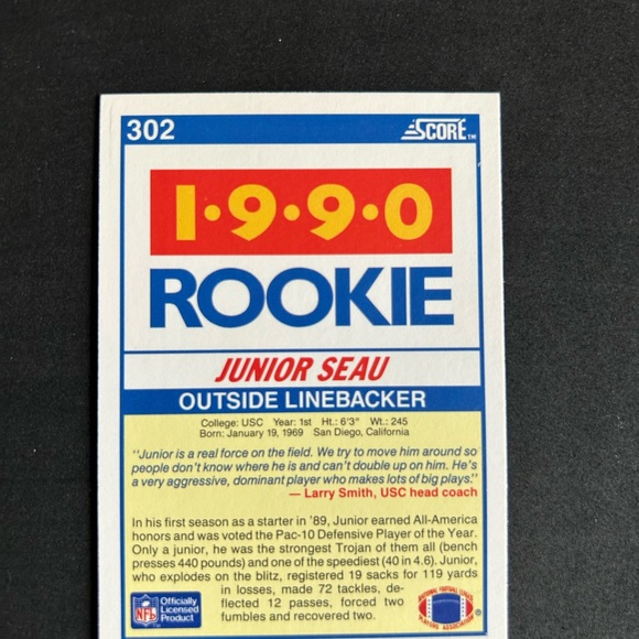 1990 Score - #302 JUNIOR SEAU ~USC~ Rookie card~MINT/NM - Picture 3 of 3